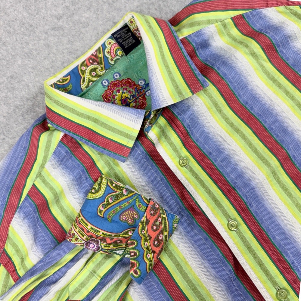 Robert Graham Button Down Shirt Men XL Flip Cuff Multicolor Striped Paisley Trim